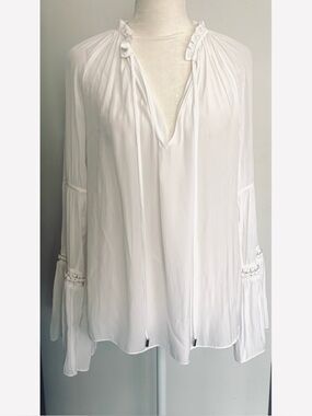 Ramy Brook White Women's Peasant Blouse Boho Deep V Neckline, Long Sleeve Top